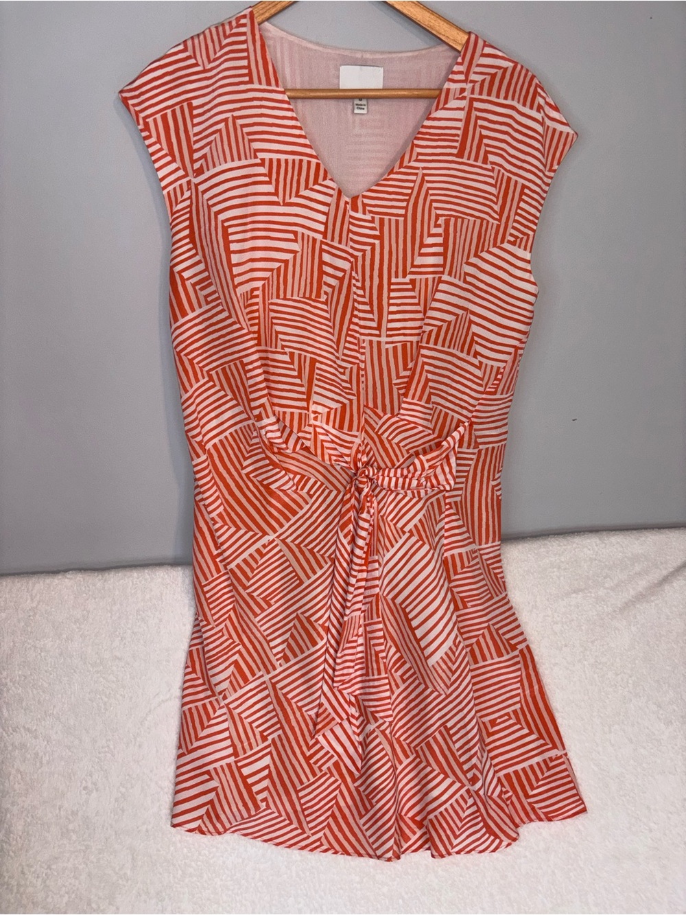 Women's Orange Geometric Tie-Waist retro mini silk casual Dress Size Medium